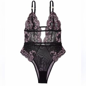 NWT Adore Me Calissa Unlined Lace Body Suit Lingerie Pink Black Sz Small Floral